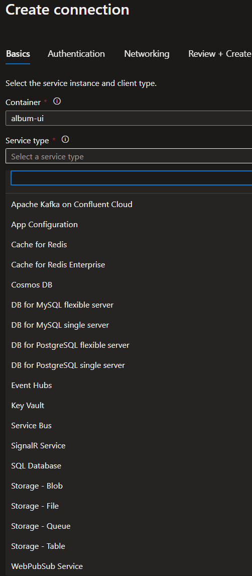 The image shows a list of all service connection available from Container Apps.